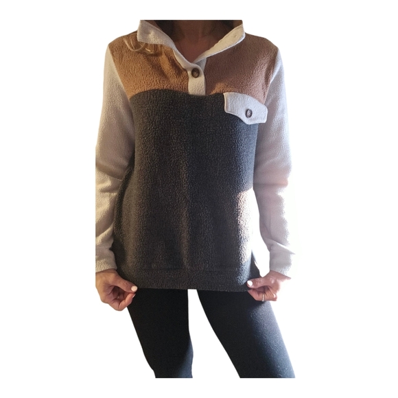 Womens Green & Tan Fleece Colorblock Mockneck Sweater Sz M Equestrian Preppy - Picture 3 of 6